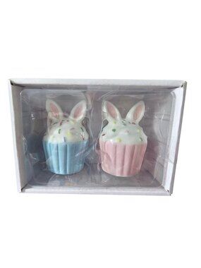 “Welcome Spring” CUPCAKE RABBIT Salt and Pepper pink & Blue Shaker Set NIB